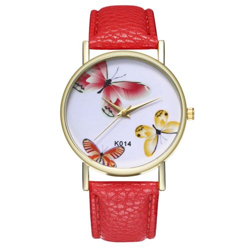 Montre-Bracelet Zhoulianfa Pour Femme, Bracelet En Pu, Cadran Rond, Motif Papillon, Montre A Quartz, Rouge