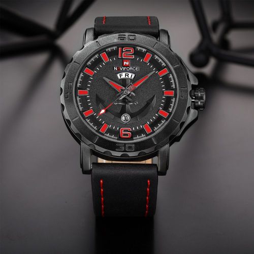 Montre-Bracelet A Quartz Etanche Naviforce Pour Homme, Bracelet En Pu (Boitier Noir Et Rouge)