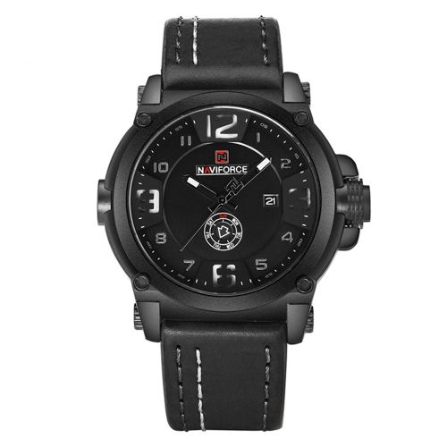 Montre-Bracelet A Quartz Etanche Naviforce Pour Homme Avec Calendrier Et Bracelet En Pu (Boitier Noir Et Blanc)