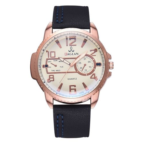 Montre A Quartz Tendance Pour Homme, Boitier En Or Rose, Bracelet En Pu (Bleu)