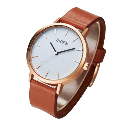 Montre A Quartz Biden Pour Homme Et Femme, Cadran Rond, En Cuir Synthetique, Boitier En Or Rose, Bracelet Marron