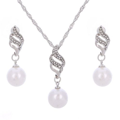 Ensemble De Bijoux Tendance En Alliage Pour Femme, Collier Et Boucles D'oreilles En Fausses Perles Avec Strass (Argent)