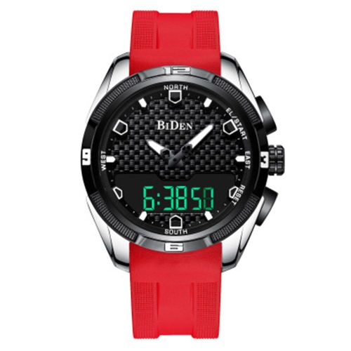Montre-Bracelet Biden Pour Homme, Tendance, Sport, Etanche, A Deux Mouvements, Boitier Argente, Bracelet Rouge