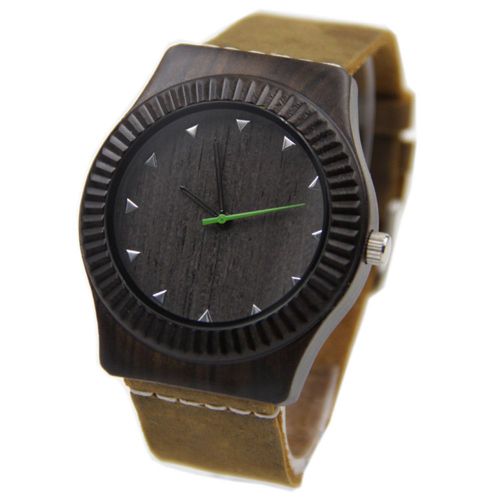 Montre A Quartz Pour Homme, Bracelet En Cuir Veritable, Cadran Rond, En Ebene