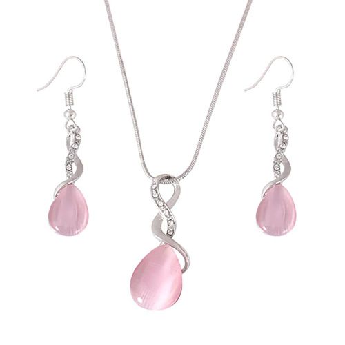 Ensemble Collier Et Boucles D'oreilles Avec Pendentif Goutte D'eau En Strass, Cadeau Ideal Pour Femmes Et Filles (Rose)