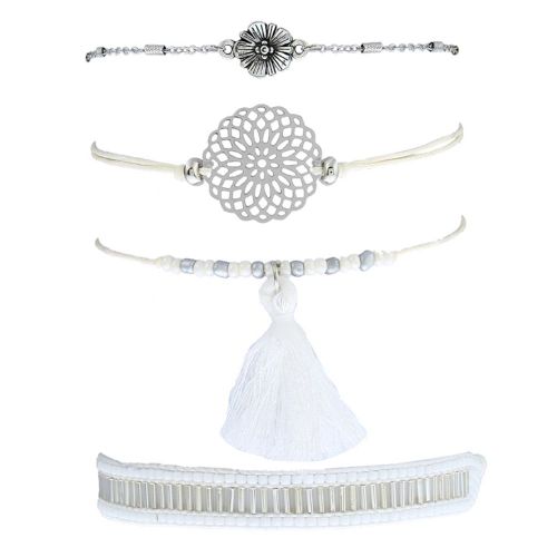 Lot De 4 Bracelets A Pampilles En Alliage Tisse De Style National Vintage (Bande Centrale Blanche)