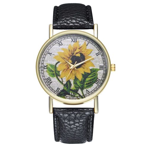 Montre A Quartz Zhoulianfa Tendance Avec Motif Tournesol Et Chiffres Romains, Bracelet En Cuir Pu (Noir)