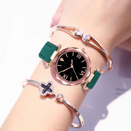 Zhoulianfa Montre-Bracelet A Quartz Tendance Pour Femme Avec Cadran A Chiffres Romains Et Bracelet En Cuir Synthetique (Vert)