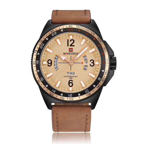 Montre A Quartz Etanche Naviforce Pour Homme, Bracelet En Pu, Calendrier (Boitier Noir, Cadran Cafe)