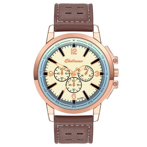 Montre-Bracelet Tendance En Cuir Pu Pour Homme Et Femme, Style Decontracte, A Trois Yeux, Couleur Or Rose Et Marron Fonce