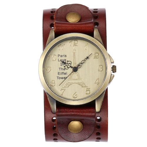 Montre A Quartz Ronde En Cuir Pu Pour Homme Et Femme, Style Retro, Cadran Tour Eiffel (Cafe Clair)