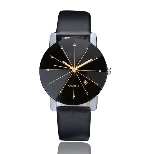 Montre A Quartz Tendance Unisexe Avec Bracelet En Cuir Synthetique Et Strass, Grand Cadran Rond (Noir Grand Format)