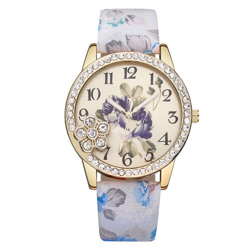 Montre A Quartz Vansvar Avec Bracelet En Cuir Synthetique Et Imprime Floral Et Strass Pour Femme (Bleu Clair)