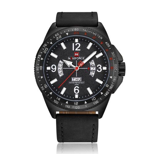 Montre A Quartz Etanche Naviforce Pour Homme Avec Bracelet En Pu Et Calendrier (Boitier Noir Et Blanc)