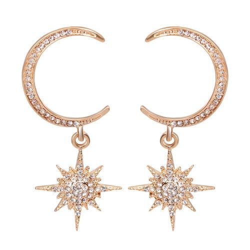 Boucles D'oreilles Pendantes Tendance En Alliage Avec Pendentif Lune, Etoile Et Strass Pour Femme, Dorees, Chb-492