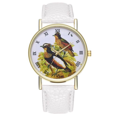 Montre A Quartz Zhoulianfa Avec Bracelet En Cuir Synthetique Et Cadran A Motif D'oiseau, Unisexe (Blanc)