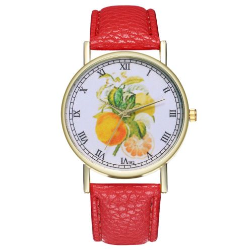 Montre A Quartz Zhoulianfa Avec Bracelet En Cuir Synthetique Et Cadran A Chiffres Romains Et Fruits Pour Femme (Rouge)