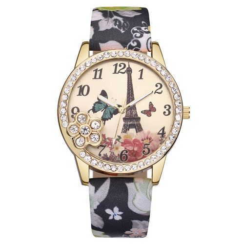 Montre A Quartz Vansvar Avec Bracelet En Cuir Synthetique Et Strass Pour Femme (Noir)