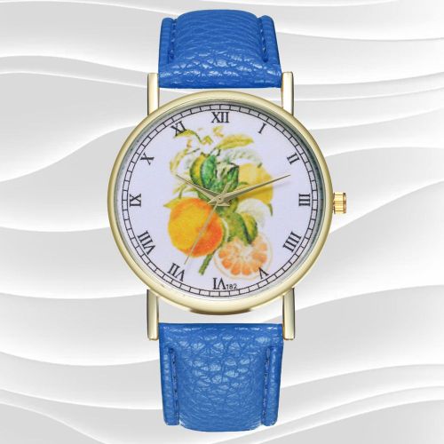 Montre A Quartz Zhoulianfa Avec Bracelet En Cuir Synthetique Et Cadran A Chiffres Romains Et Fruits Pour Femme (Bleu)