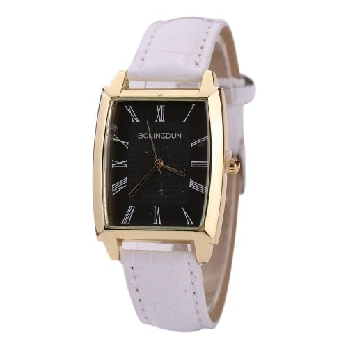 Montre-Bracelet A Quartz Carree En Cuir Synthetique (Bracelet Blanc, Cadran Noir)