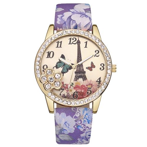 Montre A Quartz Vansvar Pour Femme Avec Bracelet En Cuir Synthetique Et Strass (Violet)