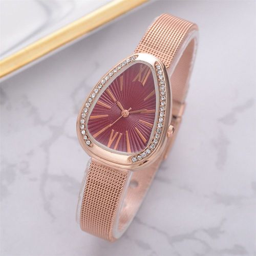 Montre A Quartz Tendance Avec Strass En Forme De Goutte D'eau Et Bracelet En Maille Pour Femme (Rouge)