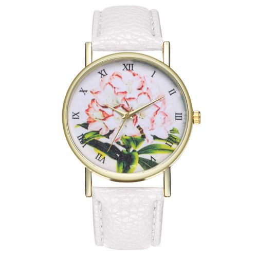 Montre A Quartz Zhoulianfa Avec Bracelet En Cuir Synthetique Et Motif Floral, Chiffres Romains, Unisexe (Blanc)