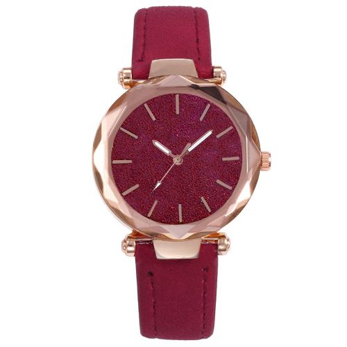 Montre A Quartz Ronde Vansvar Pour Femme, En Cuir Synthetique, Texture Givree (Rouge)