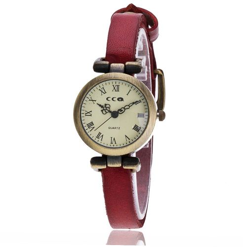 Montre A Quartz Ultra Fine Ccq Avec Bracelet En Cuir Synthetique Et Chiffres Romains Pour Femme (Rouge)