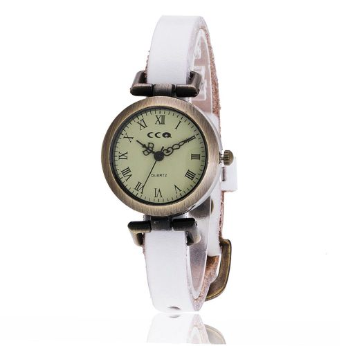 Montre A Quartz Ultra Fine Ccq Avec Bracelet En Cuir Synthetique Et Chiffres Romains Pour Femme (Blanc)