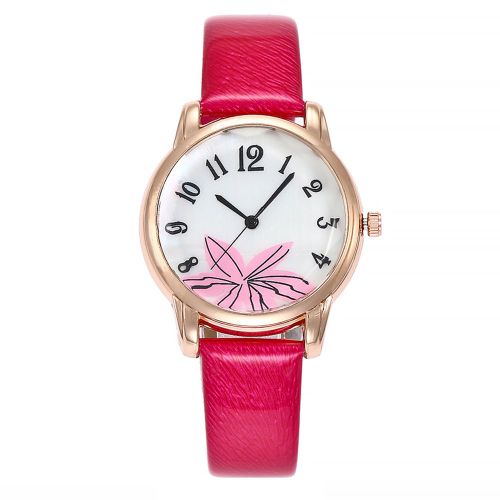 Montre A Quartz Vansvar Pour Femme Avec Cadran Rond Imprime Et Ceinture En Cuir Synthetique Fin (Rose Rouge)