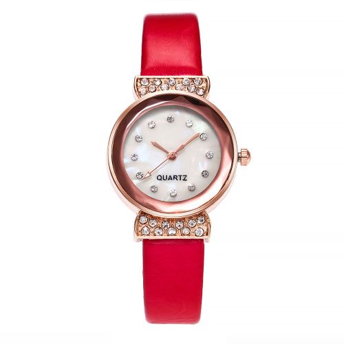 Montre A Quartz Vansvar Pour Femme, Petit Cadran, Strass, Fine, En Cuir Synthetique, Avec Ceinture (Rose Rouge)