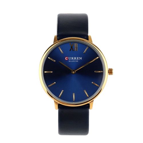 Montre-Bracelet A Quartz Pour Femme, Etanche, Affichage Analogique, Bracelet En Pu, Couleur Or Et Bleu