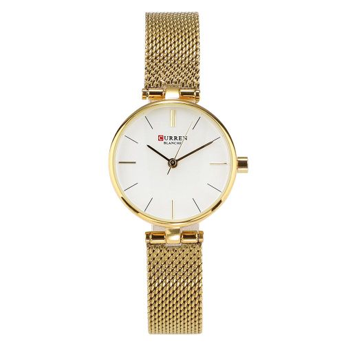 Montre-Bracelet A Quartz Etanche Curren 9038 Pour Femme Avec Bracelet En Maille (Boitier Dore Et Cadran Blanc)