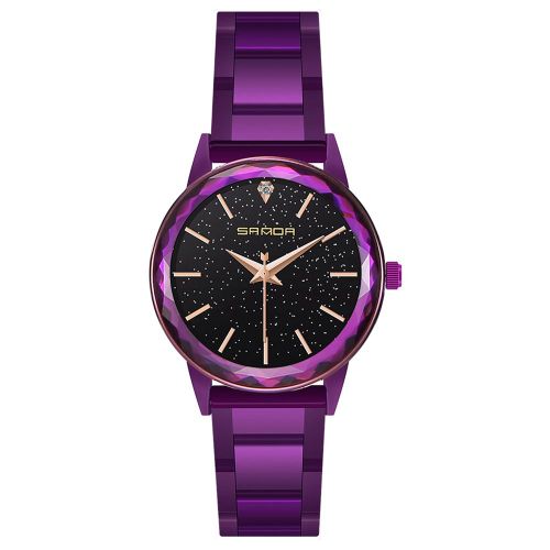 Montre A Quartz Etanche Sanda Avec Cadran Brillant Et Bracelet En Acier Inoxydable (Violet)