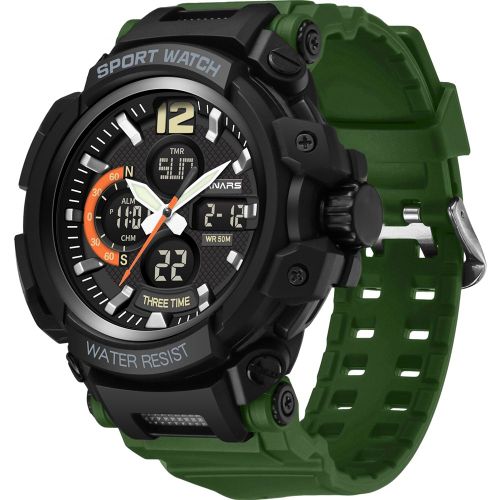 Montre De Sport Panars Pour Homme, Lumineuse, Etanche, Double Fuseau Horaire, Calendrier (Vert Armee)
