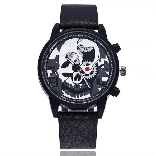 Montre A Quartz Vansvar Pour Homme, Cadran Rond, En Cuir Synthetique, Motif Tete De Mort Creuse, Noire
