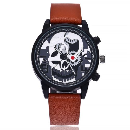 Montre A Quartz Vansvar Pour Homme, Cadran Rond, En Cuir Synthetique, Motif Tete De Mort Creuse (Cafe Clair)