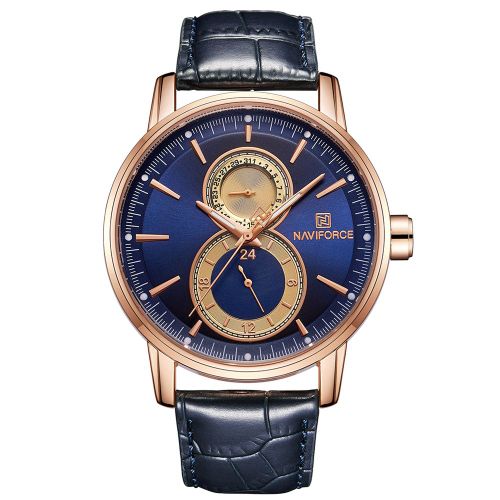 Montre Homme Naviforce A Quartz, Bracelet En Cuir, Etanche 3atm, Six Aiguilles (Rose Bleu)