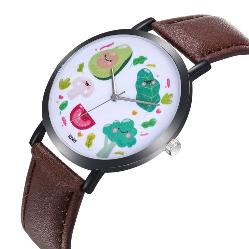 Zhoulianfa Montre-Bracelet A Quartz Tendance Avec Cadran Fruite Pour Homme Et Femme, Bracelet En Cuir Pu, Couleur Cafe