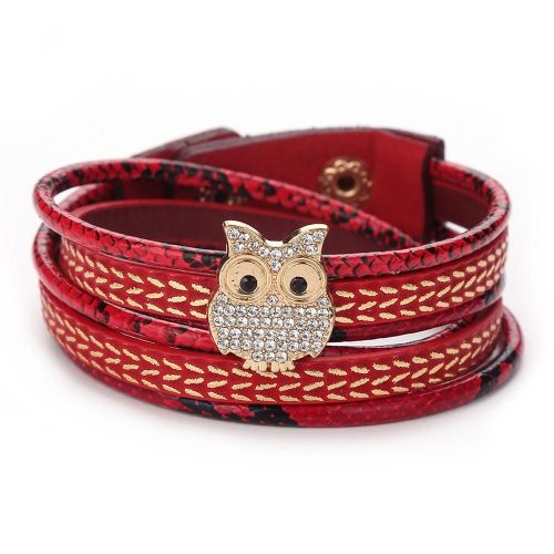 Bracelet A Boutons-Pression Multicouches En Strass Avec Hibou Tendance (Rouge)