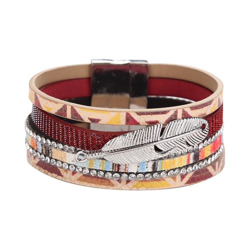 Bracelet Ethnique En Velours Multicouches Avec Strass Et Feuilles, Accessoires Pour Femmes (Rouge)