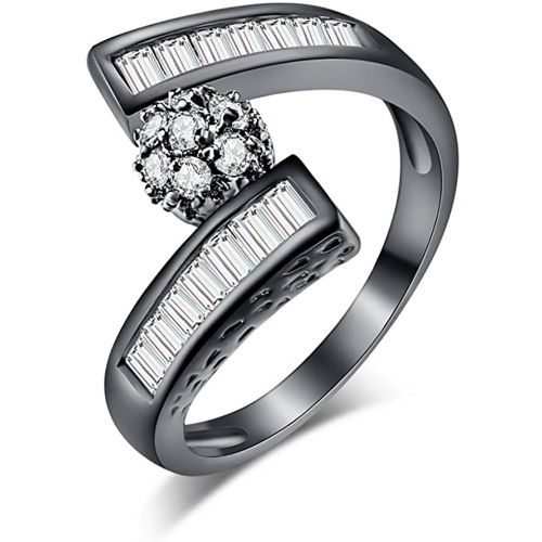 Bague Simple En Cuivre Avec Zircons Noirs Et Dores, Motif Floral, Bijou A Offrir (6#)