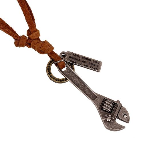 Collier En Cuir Pleine Fleur Avec Pendentif Et Anneau Cle A Molette Vintage Unisexe