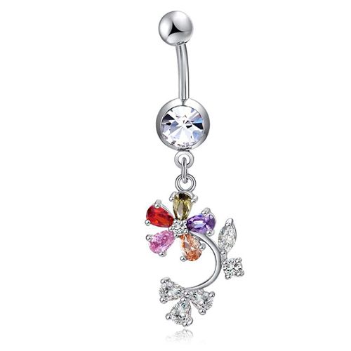 Magnifique Piercing De Nombril En Acier Inoxydable En Forme De Fleur, Bijou Decoratif En Zircone