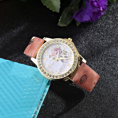 Montre Analogique A Quartz Avec Bracelet En Pu Et Imprime Floral, Decoree De Strass (Bracelet Cafe)