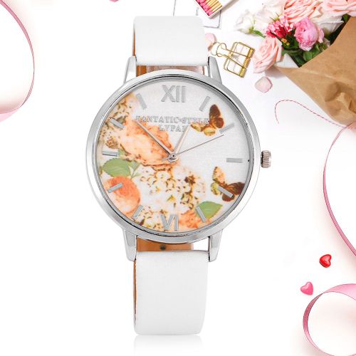 Montre-Bracelet Analogique A Quartz Pour Femme, Bracelet Rond En Pu, Imprime Papillon (Bracelet Blanc)