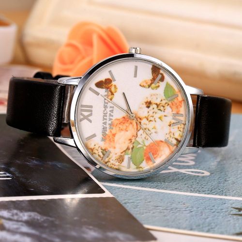 Montre-Bracelet Analogique A Quartz Pour Femme, Bracelet Rond En Pu, Imprime Papillon (Bracelet Noir)
