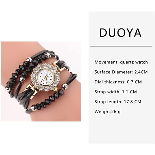 Montre-Bracelet A Quartz Duoya Pour Femme Avec Perles Decoratives Et Strass (Noir)