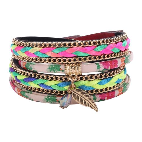 Bracelet Vintage Tisse A Motif De Feuilles Enveloppees En Alliage Multicolore Avec Boucle (Rouge)